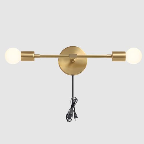 Image of KCO Lighting Gold Plug in Wall Sconce 2 Light Bathroom Vanity Light Plug in Brass Wall Reading Light Mid Century Modern Bathroom Wall Scones for Hallway Living Room Dining Room