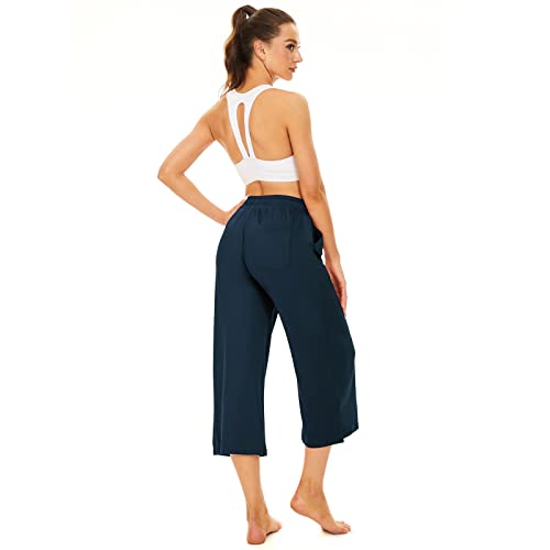 Sicvek Womens High Waist Capri Pants Yoga Lounge Summer Loose Wide Leg Capri Elastic Waist Drawstring With 3 Pockets(Navy,M) #TOP6
