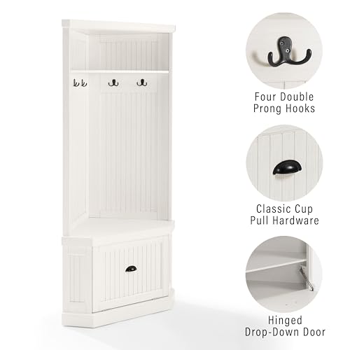 Crosley Furniture Seaside Corner Hall Tree with Shoe Rack Bench and Coat Hooks for Hanging Storage, Distressed White - Image 5