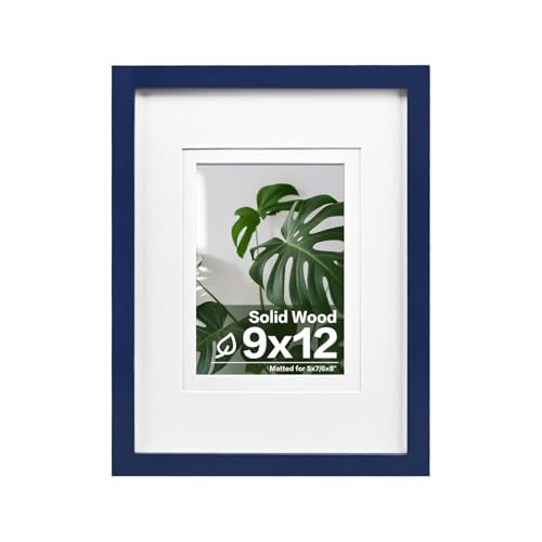 Egofine 9x12 Picture Frame Made of Solid Wood Covered by Plexiglass, Wood Frame for Pictures 5x7/6x8 with Mat or 9x12 without Mat, Tabletop and Wall Mounting Display, Navy Blue