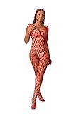 KUAOPATA Womens Sexy Fishnet Bodysuit Mesh Bodystockings One Piece Rave Outfits Babydoll Bodysuit Sexy Cutout Dancewear (ZY010Red)