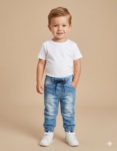 Image of A.T.U.N. (ALL THINGS UBER NICE) Boys Premium Cotton Jogger Jeans with Elastic Waist & Adjustable Drawstring | Soft Washed Denim Look Comfortable Bottom Wear for Kids