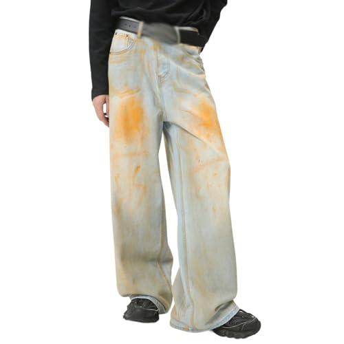 XYGJZ Mens Wide Leg Jeans Orange Tie-Dye Baggy Fit Denim Pants Streetwear