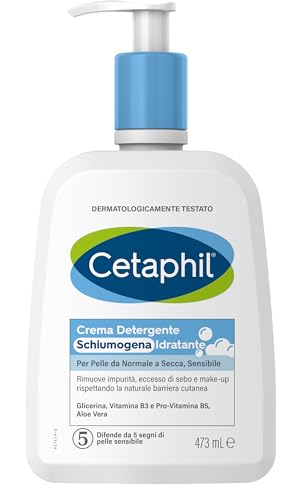 Cetaphil Detergente Viso Schiumogeno Idratante, per Pelle Normale, Secca e Sensibile, con Aloe Vera, Effetto Lenitivo, Senza Profumo, Formato 473 ml