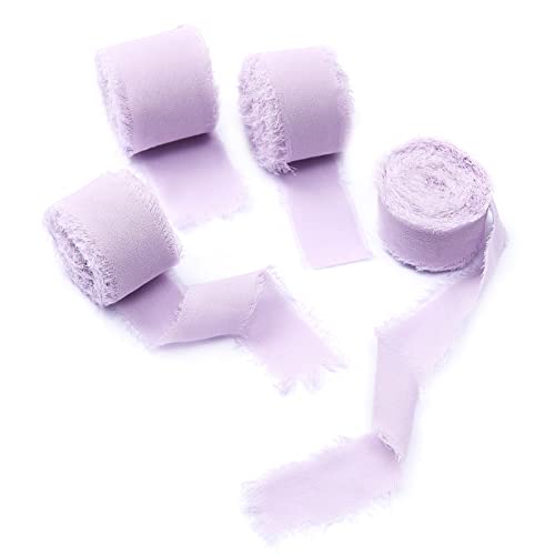 4 Rolls Light Purple Handmade Fringe Chiffon Silk Ribbon 1" W x 5Yd Per Roll,Frayed Edges Ribbon Set for Gifts Wrapping,Wedding Invitations,Bouquets,DIY Crafts (1" x20Yd, Light Purple)