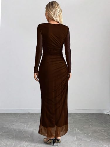 Image of Womens Long Sleeve Maxi Dress Mesh Bodycon Spring Fall Formal Wedding Guest | Tie Dye Ruched Night Out Cocktail Party Long Dresses