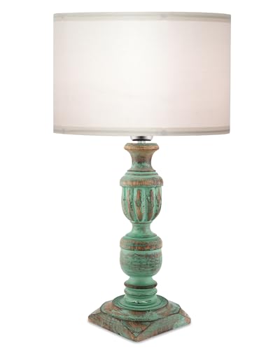 Image of Homesake Rustic Green Wooden Table Lamp for Home Decor | Bedside & Night Lamp for Bedroom, Living Room, Study Table | Vintage Light Lamp, Room Decor Light, KD Off-White Drum