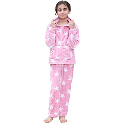 Girls Stars Print Fleece Extra Soft Loungewear Trendy Fashion Zipped Top Flannel Fleece Hooded PJS Outfit Set2