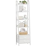 Furologee 5-Tier Ladder Shelf with 2 Drawers,Narrow Bookshelf Storage Shelves,Industrial Bookcase Freestanding Rack Units for Bedroom,Living Room,Bathroom,Home Office,Balcony,Wood Metal, White