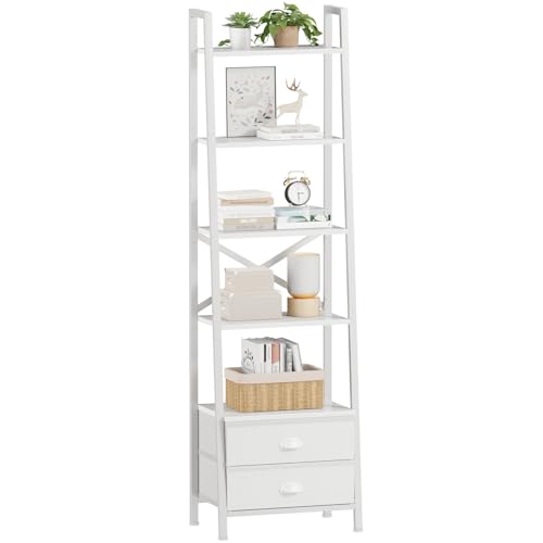 Furologee 5-Tier Ladder Shelf with 2 Drawers,Narrow Bookshelf Storage Shelves,Industrial Bookcase Freestanding Rack Units for Bedroom,Living Room,Bathroom,Home Office,Balcony,Wood Metal, White