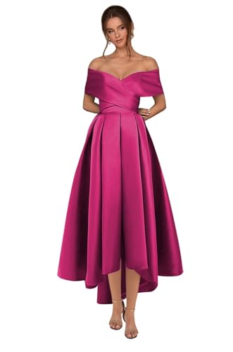 Off The Shoulder Satin Prom Dresses Tea Length Short Satin Formal Evening Gown with Pockets