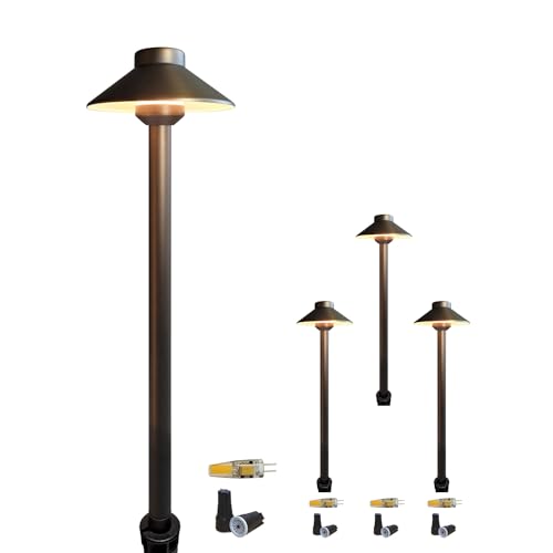COLOER Brass Low Voltage Pathway Lights Wired 4-Pack with 2W LED G4 Bulb,12V Waterproof China Hat Outdoor Path Lighting for Yard, Patio, Landscape, Planter, Walkway(602B)