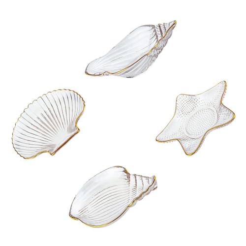 Lurrose Bandeja para Servir Frutas Transparente Borde Dorado, Set de 4 Platos Multifunción para Exhibición y Almacenamiento de Joyas, Diseño Marino Estrellas y Conchas, Adecuado para