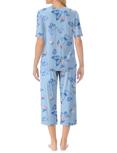 QCIV Ladies PJS Sets V Neck Top and Capri Pants with Pockets Sleepwear Set Two Piece PJS, Blue Butterfly, 3X-Large — view 2