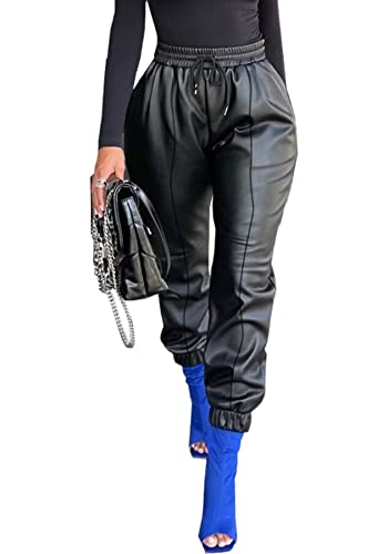 Tcremisa Women's Faux Leather Pants Drawstring Elastic High Waist Joggers Casual Loose Trousers with Pockets