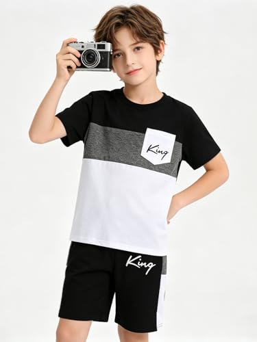 Image of Size 6-12 Years Boys Summer Outfits Set Kids Short Sleeve Top T-Shirt & Shorts Color Block Clothing Sets