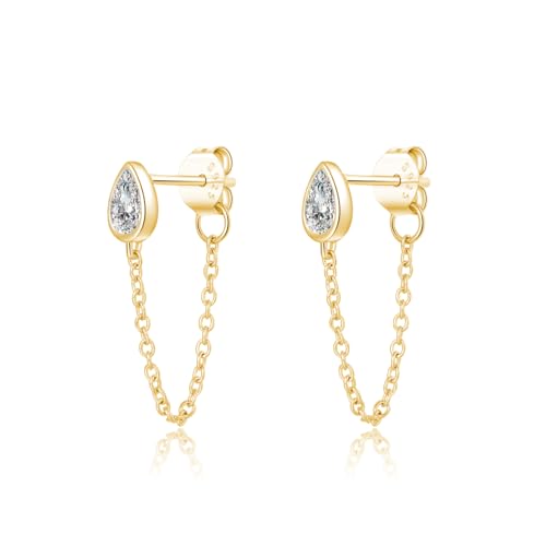 SLUYNZ Sterling Silver CZ Teardrop Chain Dangle Earrings for Women Teens Minimalist Droplet Earrings Tassel Studs Chain