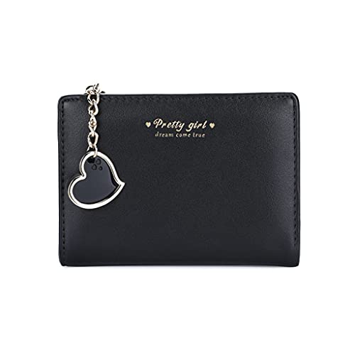 Small Wallet with Heart Pendant Bifold Wallet Zipper Pocket Cash Card Holder Coin Purse for Women Girls (BLACK)