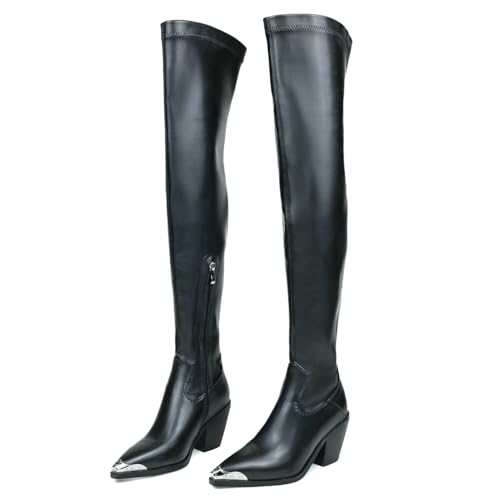 HiColor Womem's Pointed Toe Fashion Thick Heels Thigh High Boots Ladies Elastic Side Zippers Long Boots3