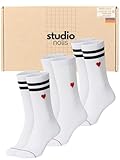 Studio Nolis Tennissocken Herz 3er Set Herzchen Socken Damen Crew Socks Stickerei Herz Baumwolle Streifen Oekotex 100 (39-42, Hearts Black)