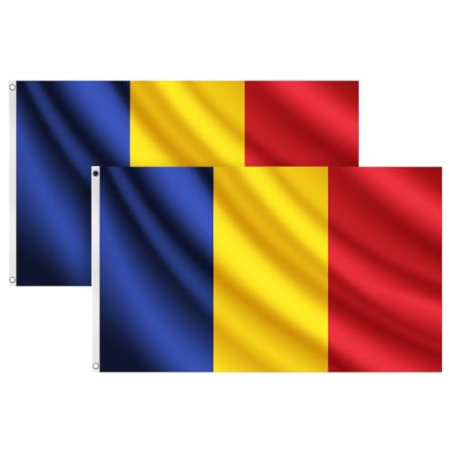 COCOSY 2 Stück Rumänien Fahne - 90 x 150 cm 100% Polyester Rumänische Flagge mit Messing-Ösen - Wetterfeste & Langlebige für Sport & Feierlichkeiten