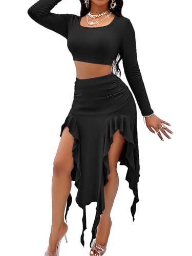 Image of BARASA Women Summer 2 Piece Skirt Sets Comfy Ruffle Trim Irregular Split Sexy Y2k Club Party Tops Jellyfish Skirt Suits S69