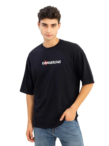 Image of Jump Cuts Mens Printed Round Neck 3-4th Sleeve Black, White Cotton Boxy Fit T-Shirt