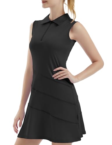 Fkeep FK3087DS_BLACK_M Women'S Tennis Golf Dresses Zipper V-Neck Sport Activewear With Shorts And Pocket Workout Athletic  cover