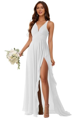 Chiffon V Neck Bridesmaid Dresses for Women Ruffles 2025 Pleated A-line Formal Party Dress with Slit AD119