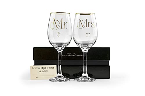 Luxury Mr Mrs Wine Glasses Set for Couple | Unique Wedding Gift for Bride and Groom, Bridal Shower, His Hers Engagement, Anniversary, Newlyweds