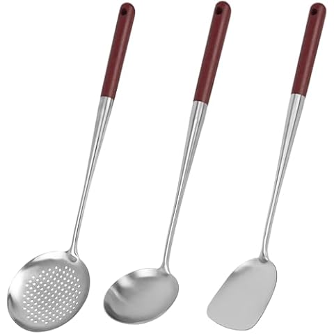 HAKSEN Wok Spatula and Ladle, 17 Inch Cooking Utensils with Wooden Handle, Wok Utensils Include Spatula, Ladle and Skimmer Slotted Spoon Cover