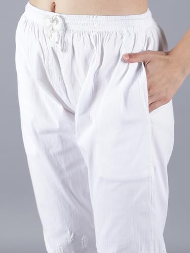 Image of Seva Chikan Hand Embroidered Lucknowi Chikankari White Cotton Palazzo Pant for Women SCL11016