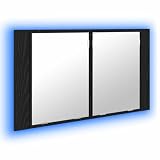 Yisssmeng Armadietto a specchio da bagno a LED, in rovere nero, 80 x 12 x 45 cm, con illuminazione multicolore, scaffali e porta in vetro, montato a parete, in legno, per piccoli bagni e WC degli