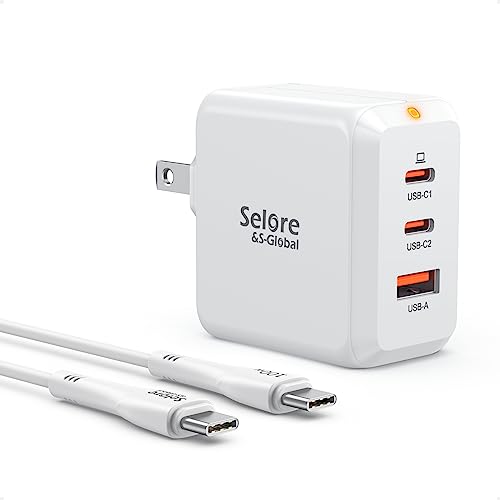 SELORE 67W USB C Charger Block, GaN Charger Foldable Fast Charging Block, 3-Port Wall Charger Adapter with USB-C Cable for MacBook Pro/Air, iPad Pro, Galaxy S23/S22, iPhone 15 14