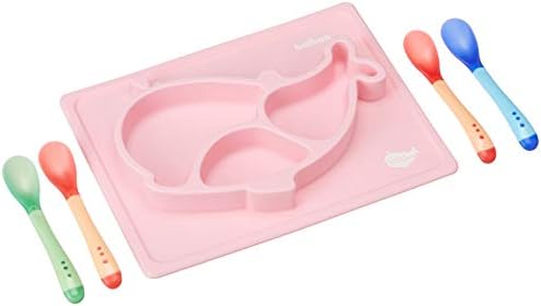Silicone Placemat Mini Mat For Babies Toddlers Infants Kids Plate Pink Sunction Feeding Tray Whale Shape+3 Color Changing Spoons Bowl Non-Slip Portable BPA&PVC Free Gift Travel Kitchen Table Highchair