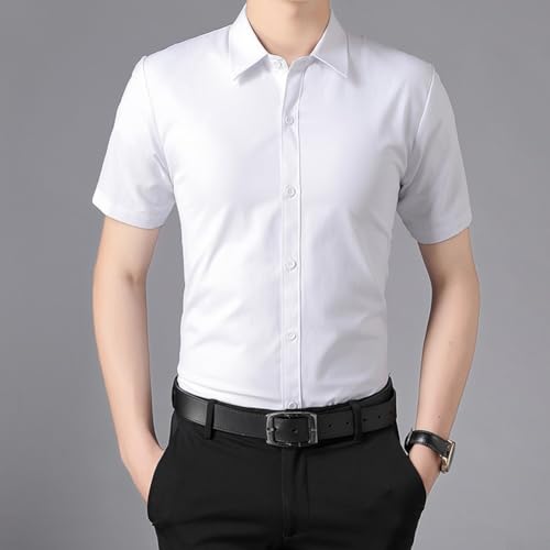 Sawhamale Camisa de manga corta con botones para hombre, color sólido, casual, vestido de negocios con cuello de solapa para vacaciones de verano, vacaciones, uso diario, ajuste regular, M-5XL, blanco