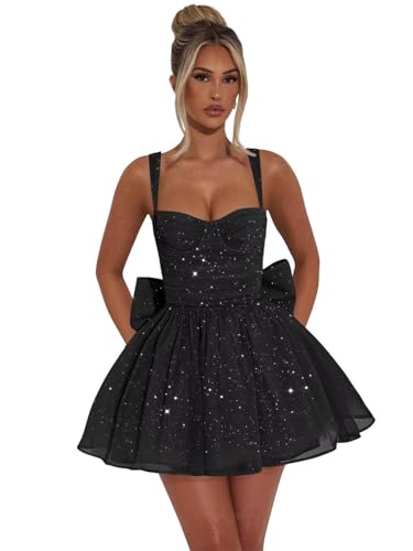 Sparkly Tulle Homecoming Dresses with Bow Spaghetti Straps Short Prom Dresses A Line Cocktail Party Gowns