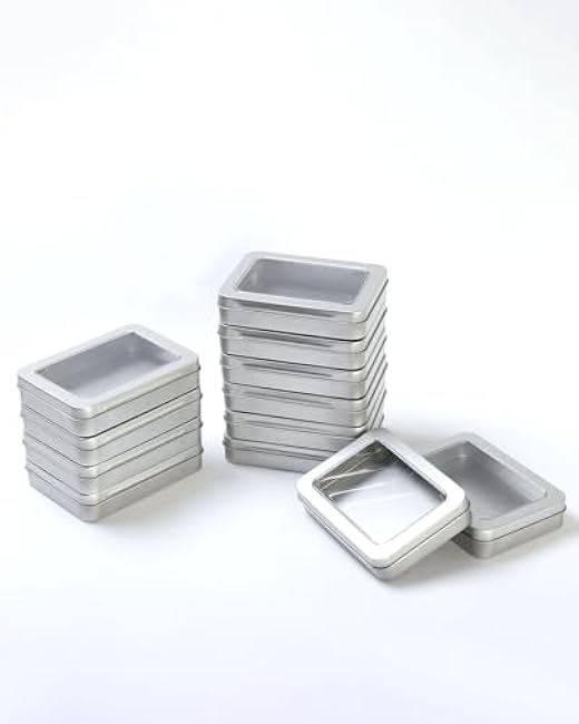 12 Pack Empty Rectangular Metal Storage Organizer Tins with Clear Window Hinged Lids for Small Items and Other Craft Projects, 4.5 x 3.3 x 0.9 inch (Silver)