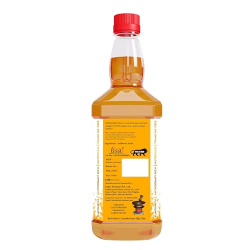 Image of IndicWisdom Wood Pressed Safflower Oil 1 Liter (Cold Pressed Safflower Oil - Extracted on Wooden Churner) (Pack of 3)