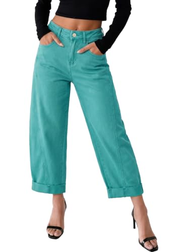 Image of Sidefeel Barrel Jeans for Women High Waisted Wide Leg Baggy Stretchy Trendy Raw Rolled Hem Capri Cropped Ankle Denim Pants