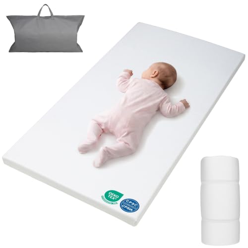 Image of 2'' Portable Full Size Crib Mattress for Toddler Floor Bed | Firm High Density Foam Waterproof Standard Toddler Travel Mattress Removable Cover Infant Kids Boys Girls