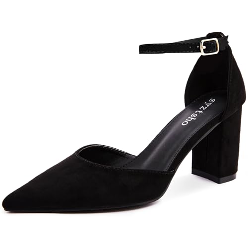 syztsho Womens Black Closed Pointed Toe Heels Chunky Block Pumps Ankle Strap Dress Shoes for Office Party Wedding Size 8