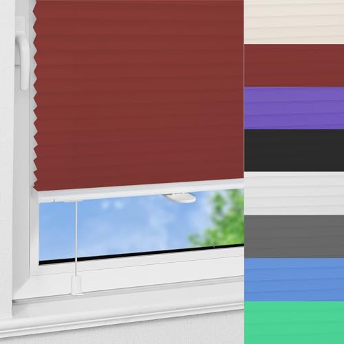 Jalousien Fenster Ohne Bohren 85 x 200 cm Einstellbarer Plissee Rollo Ohne Bohren Einfache Montage mit Klemmträger für Fenster und Tür, Rot