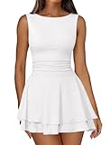 IWD Women's Boat Neck Sleeveless Mini Corset Dress Ruched Waist Party Club Dresses Flowy Tiered Ruffle Hem Short Graduation Dress White Small