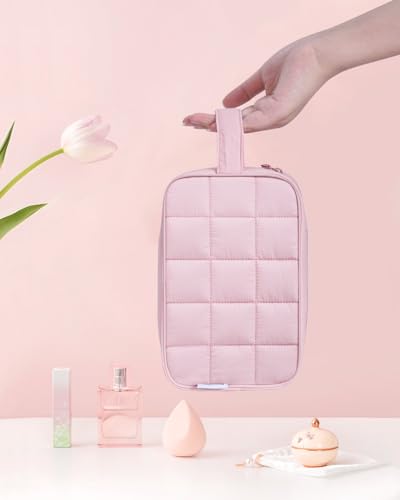 Image of Narwey Quilted Makeup Bag Puffy Make up Bag Cosmetic Bag Organizer, Puffer Travel Toiletry Bag for Traveling Women Girls, Travel Bag for Toiletries, Skincare Medicine Bags (Pink)