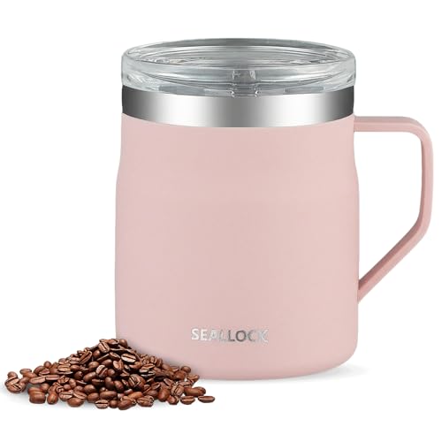 Image of Senshuomy Vacuum Insulated Travel Mug, 450ml, Stainless Steel, Double Walled, Leak-Proof Sliding Lid, Modern Style, Cylindrical (Pink)