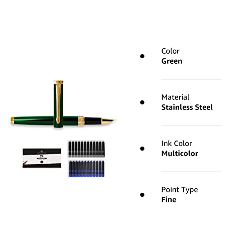 Dryden Designs Fine Nib Fountain Pen - Includes 24 Ink Cartridges - 12 Black And 12 Blue - Emerald Green - Smooth Elegant Writing With Fine Nib And Ink Converters #TOP6