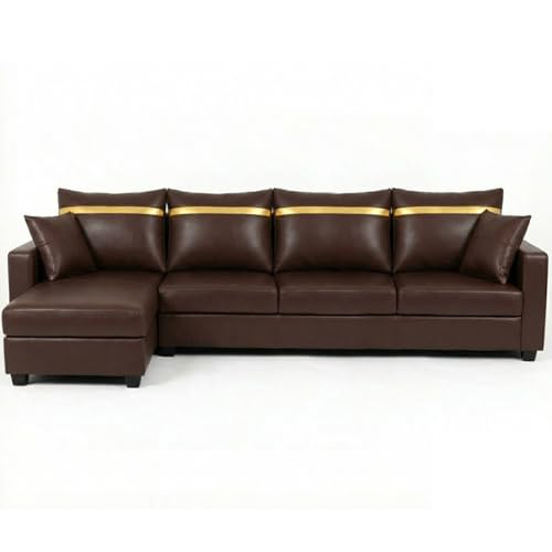 Image of FURNY Arossa 5 Seater Leatherette LHS L Shape Sofa Set (Brown) Premium Velvet Finish| Durable Comfort Ideal for Living Room