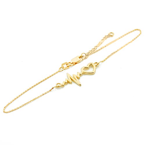 Dainty 14k Yellow Gold Heartbeat Bracelet, 7.5" Adjustable to 8"