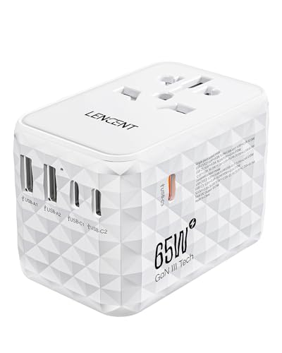 LENCENT 65W International Travel Adapter, Universal Travel Adapter with 2 QC USB-A & 3 PD3.0 Type C Power Adapter, Fast Charging for Phone,Laptops, All-in-One Outlet Adapter for USA/UK/EU/AUS, White